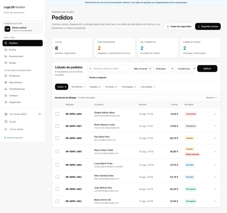 Panel de pedidos de la demo: menú lateral, resumen de pedidos por preparar, en tránsito y completados, y la lista de pedidos con su estado