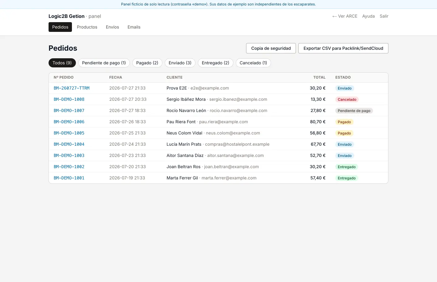 El listado de pedidos del panel con sus estados y el botón de exportar CSV para Packlink o SendCloud