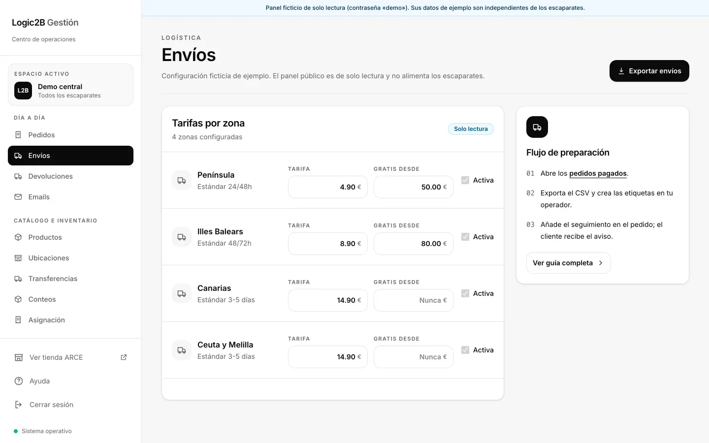 Vista de demostración: Envíos