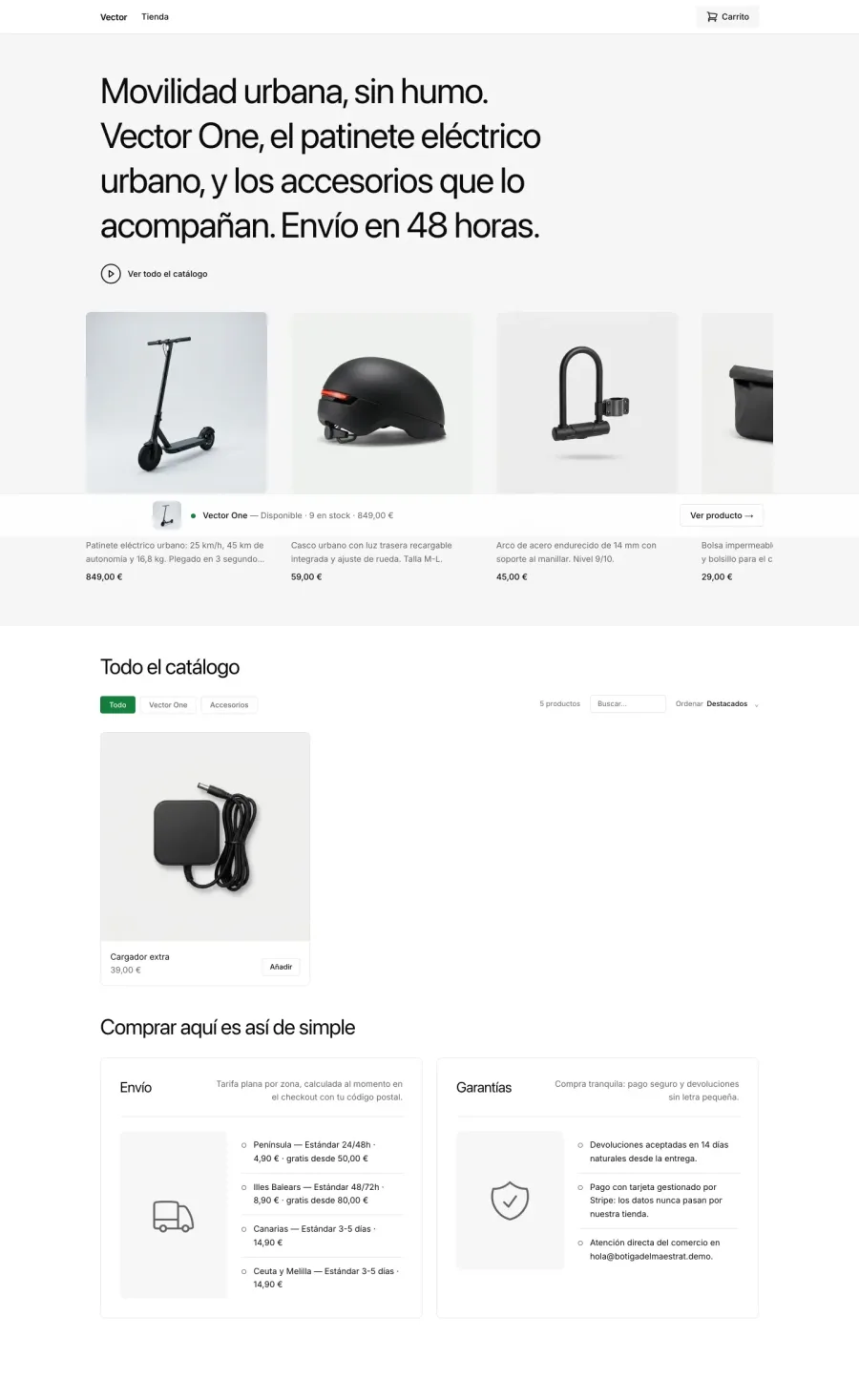 La tienda Vector, construida con el tema Launch